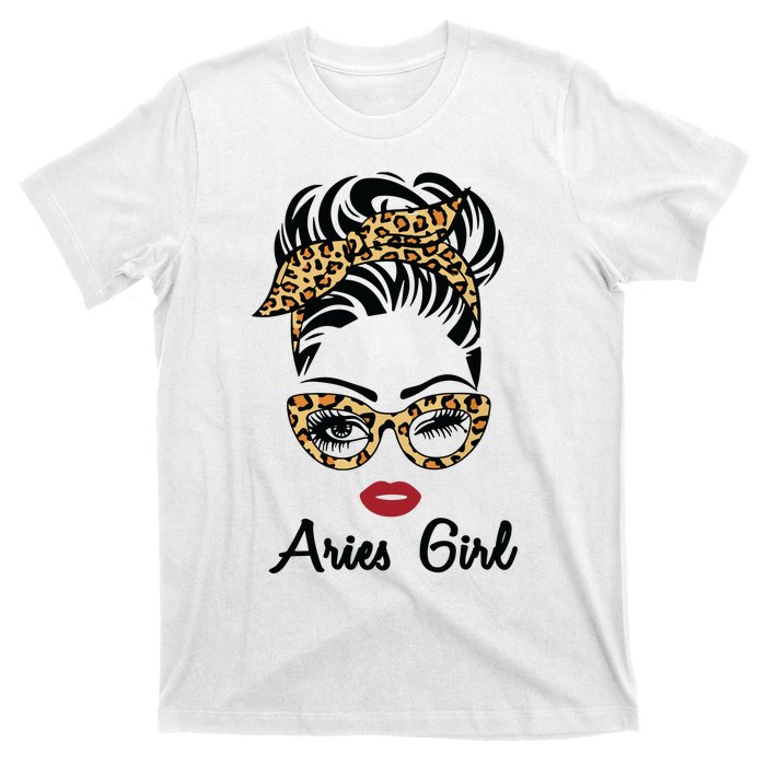 Aries Girl Woman Face Leopard Bandana Wink Eye T-Shirt