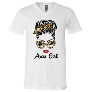 Aries Girl Woman Face Leopard Bandana Wink Eye V-Neck T-Shirt