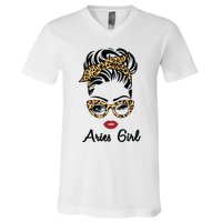 Aries Girl Woman Face Leopard Bandana Wink Eye V-Neck T-Shirt