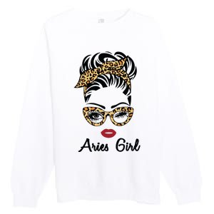 Aries Girl Woman Face Leopard Bandana Wink Eye Premium Crewneck Sweatshirt