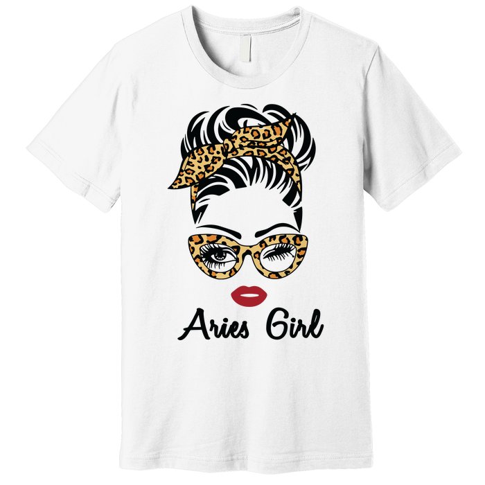 Aries Girl Woman Face Leopard Bandana Wink Eye Premium T-Shirt