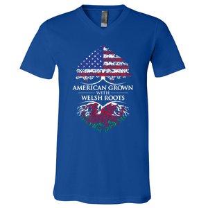 American Grown With Welsh Roots Heart Tree Flag Retro Funny Gift V-Neck T-Shirt