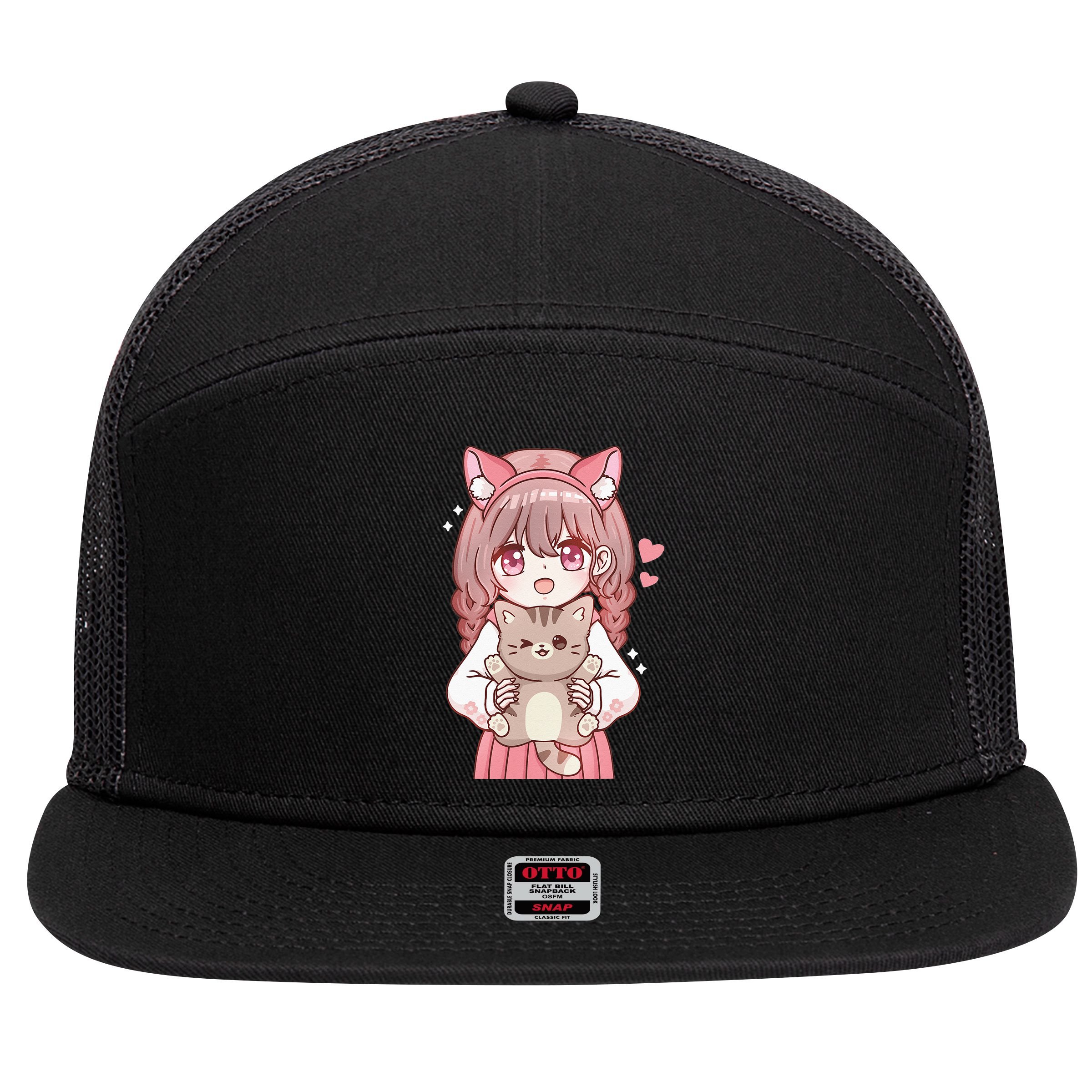 Anime Girl With Cat Kawaii Cat Lover Otaku 7 Panel Mesh Trucker Snapback Hat