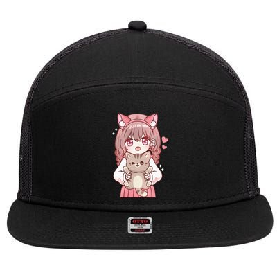 Anime Girl With Cat Kawaii Cat Lover Otaku 7 Panel Mesh Trucker Snapback Hat