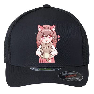 Anime Girl With Cat Kawaii Cat Lover Otaku Flexfit Unipanel Trucker Cap