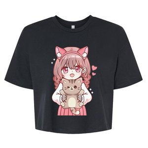 Anime Girl With Cat Kawaii Cat Lover Otaku Bella+Canvas Jersey Crop Tee