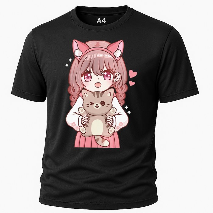 Anime Girl With Cat Kawaii Cat Lover Otaku Cooling Performance Crew T-Shirt