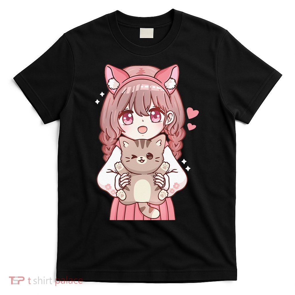 Anime Girl With Cat Kawaii Cat Lover Otaku T-Shirt