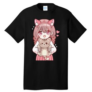 Anime Girl With Cat Kawaii Cat Lover Otaku Tall T-Shirt