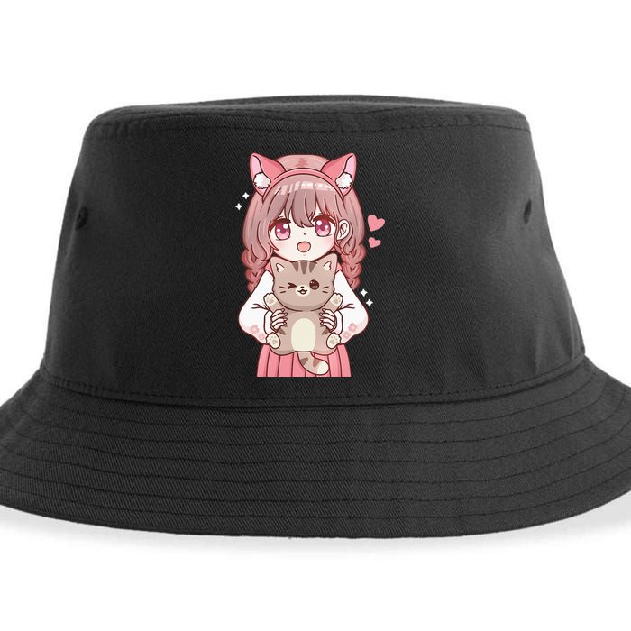 Anime Girl With Cat Kawaii Cat Lover Otaku Sustainable Bucket Hat