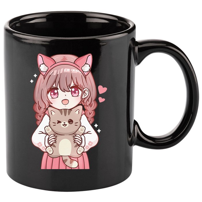 Anime Girl With Cat Kawaii Cat Lover Otaku 11oz C Handle Ceramic Mug