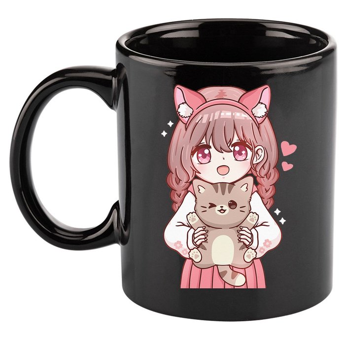 Anime Girl With Cat Kawaii Cat Lover Otaku 11oz C Handle Ceramic Mug