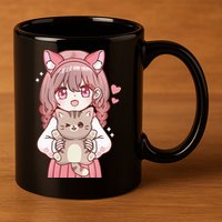 Anime Girl With Cat Kawaii Cat Lover Otaku 11oz C Handle Ceramic Mug