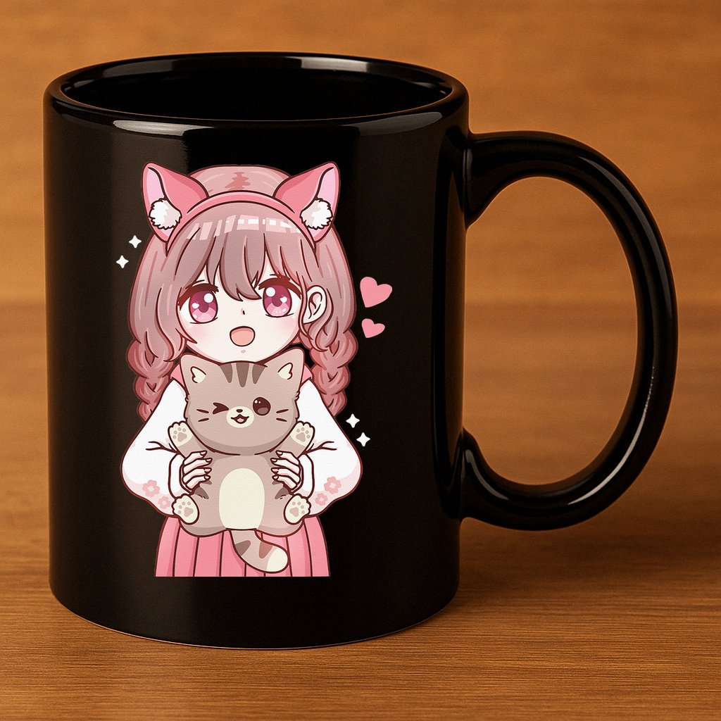 Anime Girl With Cat Kawaii Cat Lover Otaku 11oz C Handle Ceramic Mug