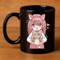 Anime Girl With Cat Kawaii Cat Lover Otaku 11oz C Handle Ceramic Mug