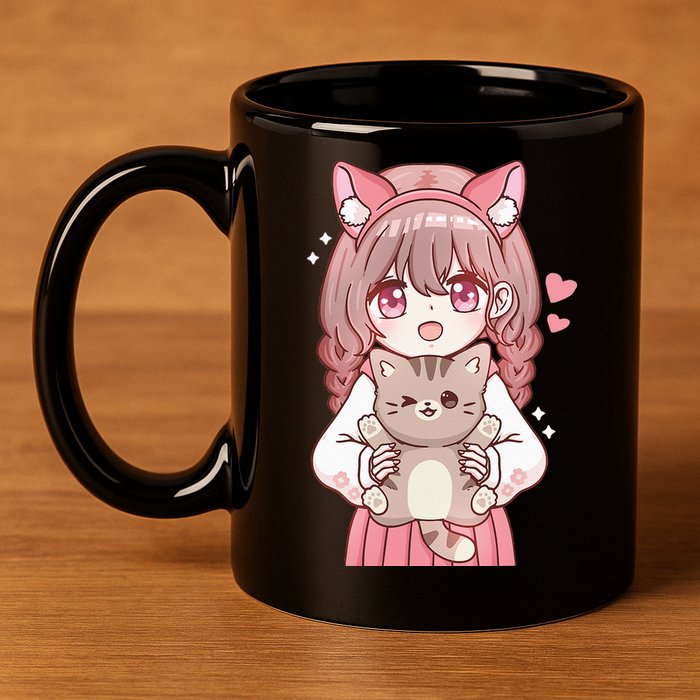 Anime Girl With Cat Kawaii Cat Lover Otaku 11oz C Handle Ceramic Mug
