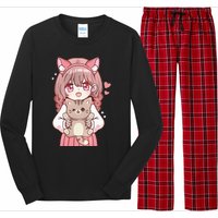 Anime Girl With Cat Kawaii Cat Lover Otaku Long Sleeve Pajama Set