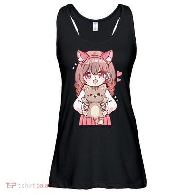 Anime Girl With Cat Kawaii Cat Lover Otaku Ladies Essential Flowy Tank