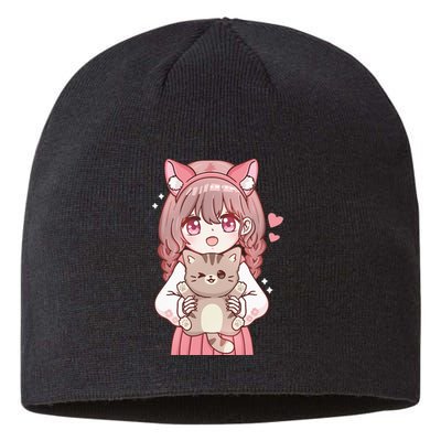 Anime Girl With Cat Kawaii Cat Lover Otaku Sustainable Beanie