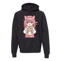 Anime Girl With Cat Kawaii Cat Lover Otaku Premium Hoodie