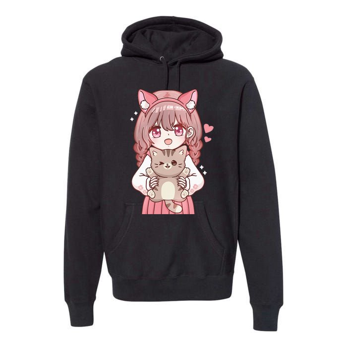 Anime Girl With Cat Kawaii Cat Lover Otaku Premium Hoodie