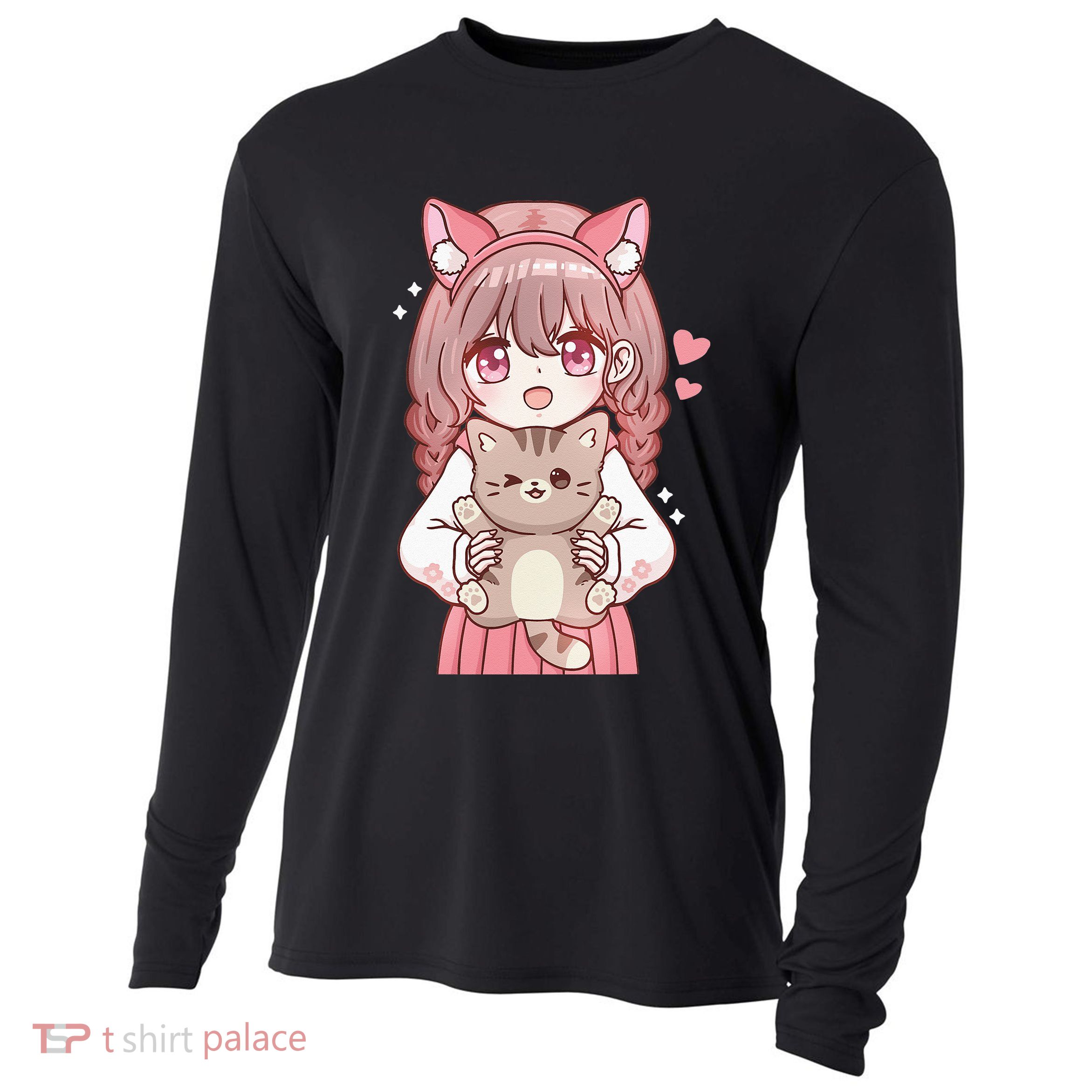 Anime Girl With Cat Kawaii Cat Lover Otaku Cooling Performance Long Sleeve Crew