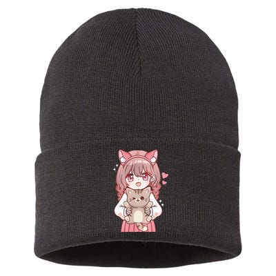 Anime Girl With Cat Kawaii Cat Lover Otaku Sustainable Knit Beanie