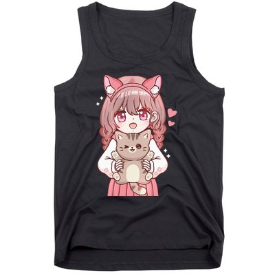 Anime Girl With Cat Kawaii Cat Lover Otaku Tank Top