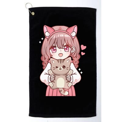 Anime Girl With Cat Kawaii Cat Lover Otaku Golf Towel