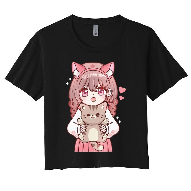 Anime Girl With Cat Kawaii Cat Lover Otaku Crop Top