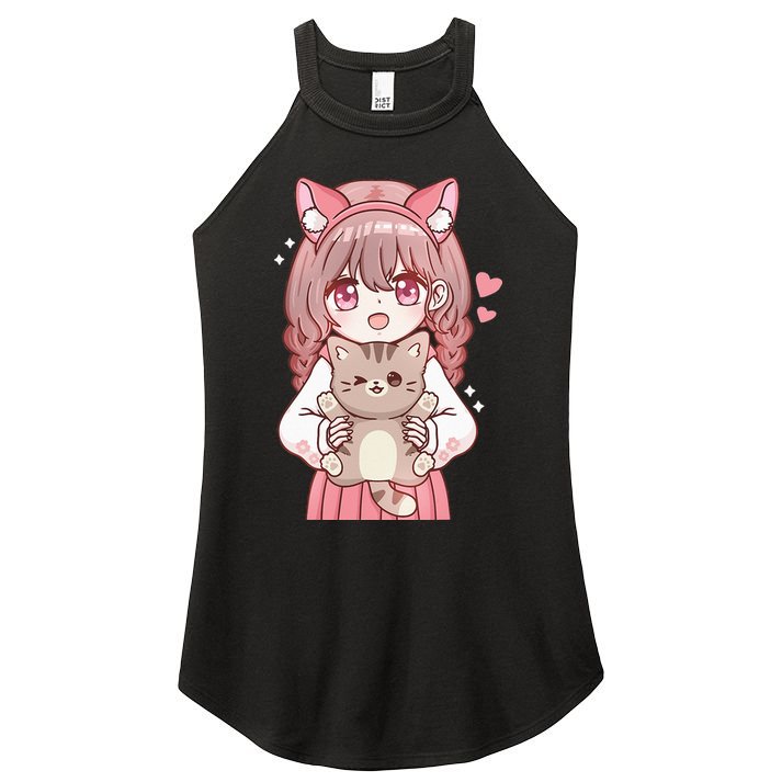 Anime Girl With Cat Kawaii Cat Lover Otaku Women's Perfect Tri Rocker Tank