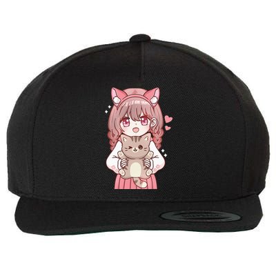 Anime Girl With Cat Kawaii Cat Lover Otaku Wool Snapback Cap