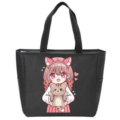 Anime Girl With Cat Kawaii Cat Lover Otaku Zip Tote Bag