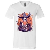 Anime Girl Witch Hat Halloween Costume Otaku V-Neck T-Shirt