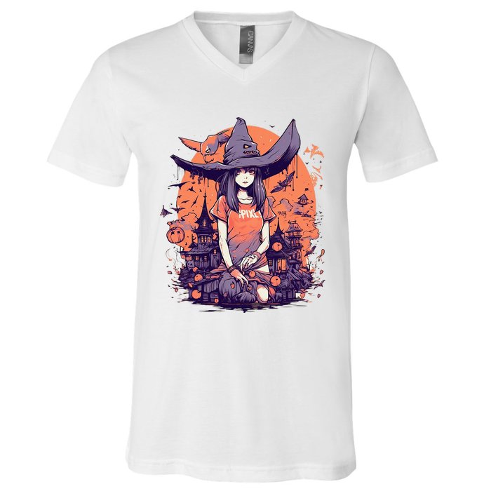 Anime Girl Witch Hat Halloween Costume Otaku V-Neck T-Shirt