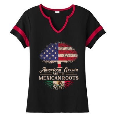 American Grown With Mexican Roots Half American Flag Mexican Ladies Halftime Notch Neck Tee