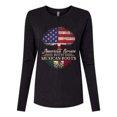 American Grown With Mexican Roots Half American Flag Mexican Womens Cotton Relaxed Long Sleeve T-Shirt