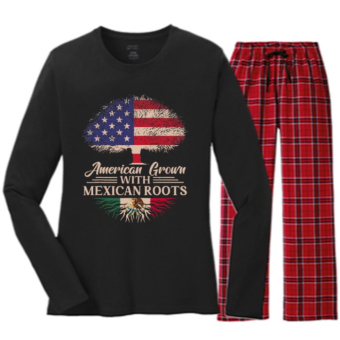 American Grown With Mexican Roots Half American Flag Mexican Women's Long Sleeve Flannel Pajama Set 