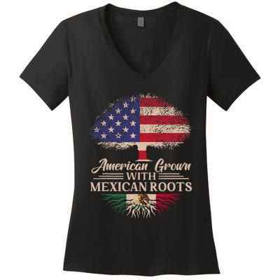 American Grown With Mexican Roots Half American Flag Mexican Women's V-Neck T-Shirt