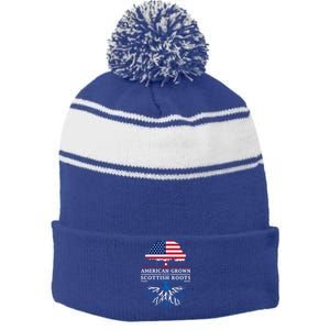 American Grown With Scottish Roots Meaningful Gift Scotland Funny Gift Stripe Pom Pom Beanie