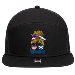 American Grown With Scottish Roots Messy Bun Gift 7 Panel Mesh Trucker Snapback Hat