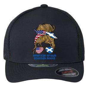 American Grown With Scottish Roots Messy Bun Gift Flexfit Unipanel Trucker Cap