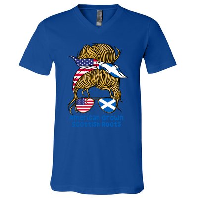 American Grown With Scottish Roots Messy Bun Gift V-Neck T-Shirt