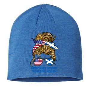 American Grown With Scottish Roots Messy Bun Gift Sustainable Beanie