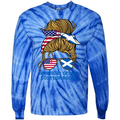 American Grown With Scottish Roots Messy Bun Gift Tie-Dye Long Sleeve Shirt