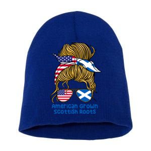 American Grown With Scottish Roots Messy Bun Gift Short Acrylic Beanie