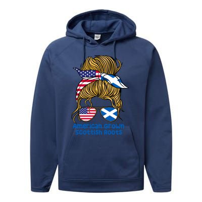 American Grown With Scottish Roots Messy Bun Gift Performance Fleece Hoodie