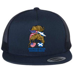 American Grown With Scottish Roots Messy Bun Gift Flat Bill Trucker Hat