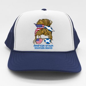 American Grown With Scottish Roots Messy Bun Gift Trucker Hat