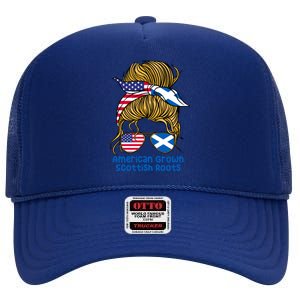 American Grown With Scottish Roots Messy Bun Gift High Crown Mesh Back Trucker Hat